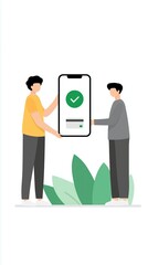 Two individuals exchanging a smartphone displaying a checkmark symbol, representing successful verification and digital communication concept