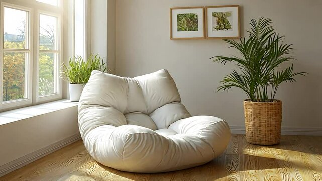 Cozy, light-filled interior. Creamy tufted chair, plants, & window. Wooden floor. Serene vibes