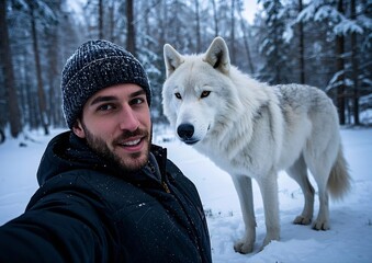 Influencer Taking Selfie with Majestic Dire Wolf in Snowy Forest &ndash; Winter Adventure Vibes