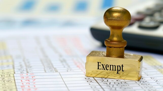 Golden tax exempt stamp pressed on official document with copy space, financial approval concept, government tax relief policy and legal exemption certification for business.