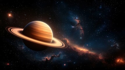 Gigantic ringed planet illuminates cosmic space celestial scene vast universe stunning view astrophysics concept