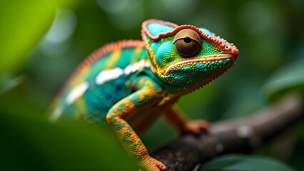 Obraz premium Vibrant chameleon on a branch with striking colors and textures, showcasing wildlife in natural habitat