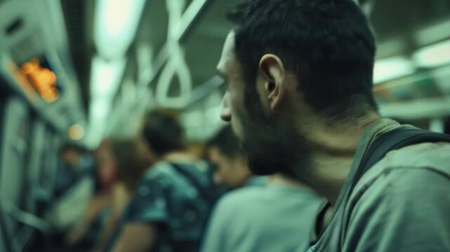 A video of an aggressive, beast-like man in transportation is suitable for scenes of tension or danger, horror or action movie trailers.
