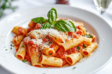 A gourmet pasta dish with vibrant tomato sauce,