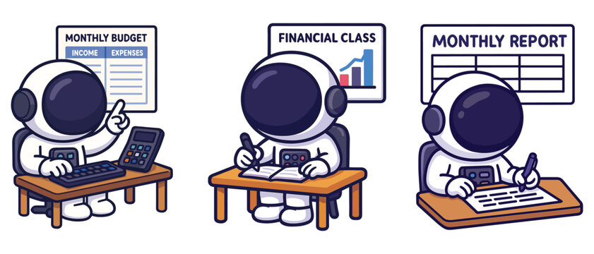 Financial report and education set with cartoon astronauts. Attending finance class, reviewing report, reading market summary. Flat vector illustrations on white background.