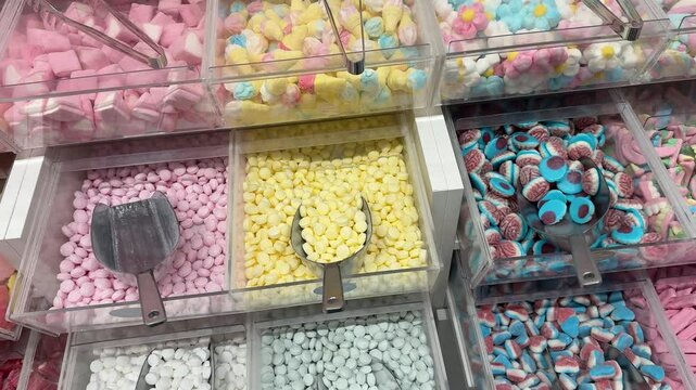 A vibrant display of gummy candies, marshmallows, and sweets at Mercat de la Boqueria, the famous market in Barcelona. The colorful assortment of treats attracts tourists and locals.