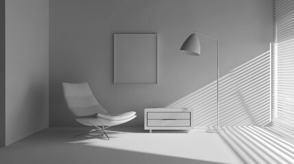 Minimalist grayscale interior design mockup.