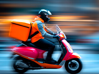 Delivery rider in motion on a pink scooter wearing a black helmet and orange jacket with a large insulated box on the back against a blurred urban background