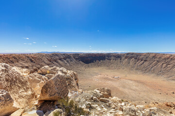 Barringer Meteor crater near Winslow, Arizona; observation platform visible, showing the immense...
