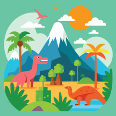 Volcano and Jungle Background with Dinosaurs