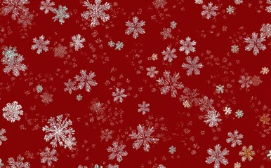 A festive winter background featuring numerous snowflakes in varying sizes and shades of white against a rich red backdrop.