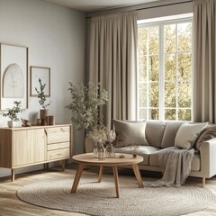 Side view of Scandinavian style living room in neutral beige gray tones with sofa, carpet, wooden table with decor, chest of drawers, curtains and panoramic window