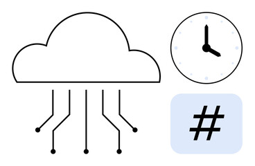 Cloud with connecting lines symbolizing data flow, a clock representing time management, and a metadata tag for social media or technology trends. Ideal for tech, communication, and efficiency
