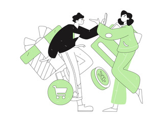 Holiday shopping people doing e-commerce online shopping flat vector concept operation hand drawn illustration
