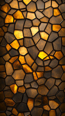 Abstract geometric patterns in amber and brown tones create warm, glowing mosaic effect, evoking elegance and sophistication.