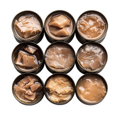 Canned fish varieties isolated on PNG transparent background, cut out