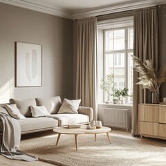 Side view of Scandinavian style living room in neutral beige gray tones with sofa, carpet, wooden table with decor, chest of drawers, curtains and panoramic window