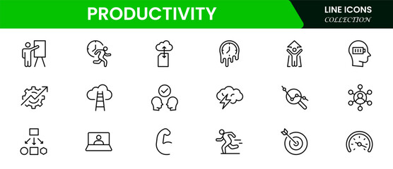 Productivity and efficiency. Outline icon collection. Linear business and leader symbols. Vector illustration web line icon collection