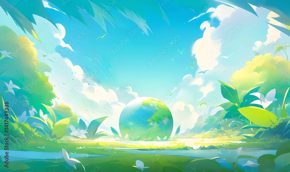 Poster 水辺と植物と鳥が輝く緑豊かな風景 水色の空と地球儀のような幻想的なイメージ