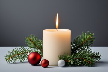 candles and ornaments are on a table with a gray background