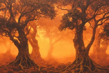 Orange-hued forest scene enveloped in a misty haze.