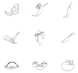 Obraz premium A collection of nine black and white sketch illustrations depicting various Mexican food elements, including avocados, chili peppers, a cactus with a sombrero, a knife, a taco, and a bowl of guacamole