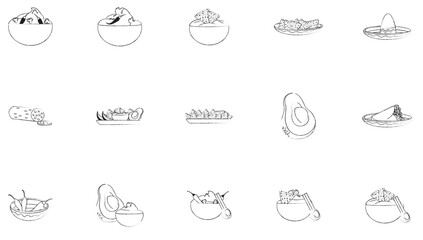 A collection of fifteen black and white sketch illustrations featuring various elements related to Mexican cuisine, including bowls of guacamole with toppings, nachos, avocados