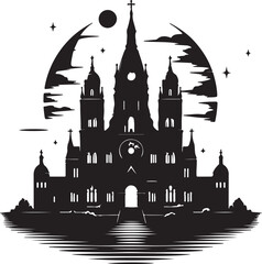 A detailed black and white illustration of a gothic cathedral with a moon and stars around it