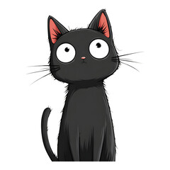 cute cartoon illustration of black cat with wide eyes and pink ears, looking curious and playful. cat fur is fluffy, and its expression is endearing, capturing whimsical charm