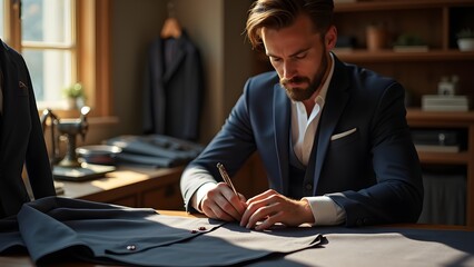 Skilled tailor meticulously crafting a bespoke suit in a classic workshop, fashioning elegance and style.