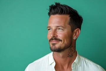 Green solid background. Conceptual art of style for aging men. An expressive midlife man with a fashionable style. Trendy men's slick back with fade haircut - midlife white man with black hair.