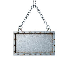 Metal sign hanging from chains. Industrial style sign with rivets and rust. Isolated on white background.