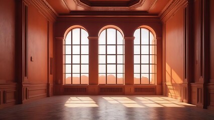 Fototapeta premium Sunlit Room with Arch Windows and Classic Molding