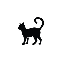 Standing black cat silhouette with curved tail isolated on white background.