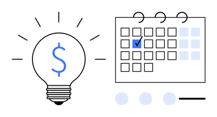 Lightbulb with dollar sign representing financial ideas paired with a marked calendar for planning or goal setting. Ideal for finance, savings, strategy, deadlines, productivity, planning, time