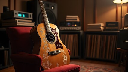 Fototapeta premium Acoustic Guitar Resting on a Red Chair in a Studio Surrounded by Music Equipment and Records