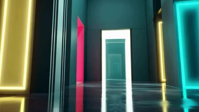 Neon-lit Corridor with Glowing Doors Leading to Unknown Destinations
