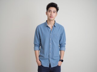 Young handsome businessman dressed in casual denim shirt with smartwatch on wrist