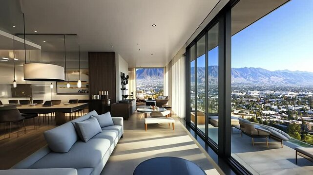 Modern luxury condo interior with panoramic city and mountain view