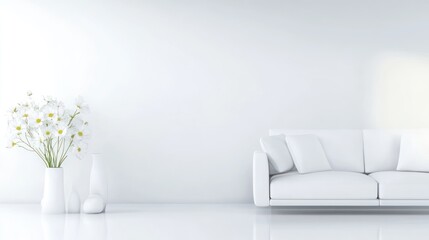 Minimalist White Living Room Interior Design with Flowers