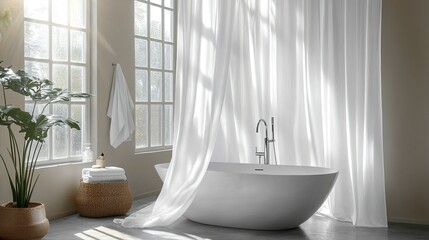 Modern bathroom with a crisp white shower curtain elegantly draped over a curved metal rod. -