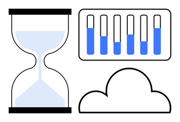 Hourglass with sand, horizontal bar graph with blue progress indicators, and simple cloud design. Ideal for time management, data analysis, progress tracking, cloud storage, scheduling, workflow
