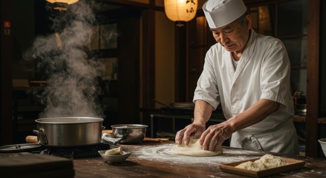 Chef skillfully preparing dough in a traditional restaurant kitchen  