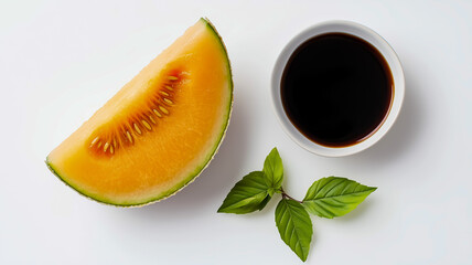 Fresh melon slice with soy sauce and mint leaves on white background