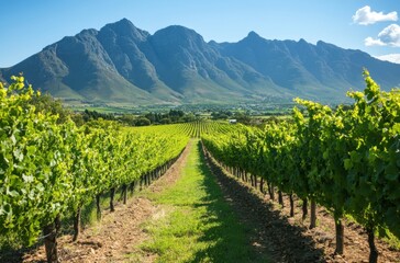 Fototapeta premium A picturesque vineyard in Stellenbosch, with rows of lush