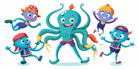 Fototapeta premium Cute cartoon octopus collection showing different emotions and actions