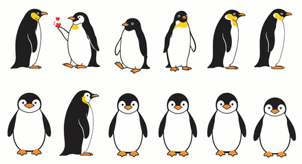 Obraz premium Penguins in Various Poses Cartoon Illustration on White