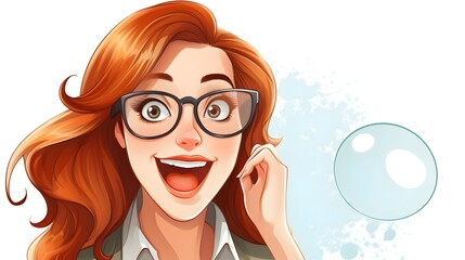 Cheerful cartoon woman with colorful speech bubble conveying happiness and positivity