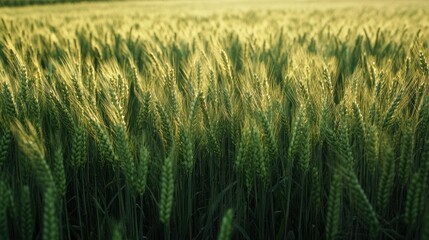 Lush Green Wheat Field Swaying Gently in the Early Morning Sunlight Landscape