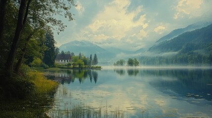 Fototapeta premium Misty mountain lake house sunrise reflection
